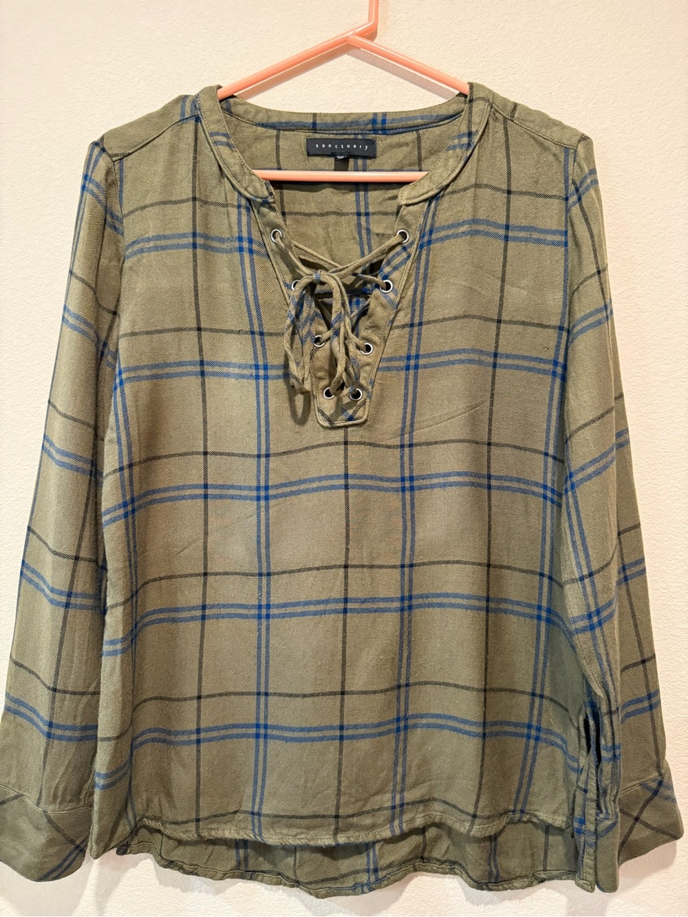 Lace-Up Plaid Long-Sleeve Top in Olive Green